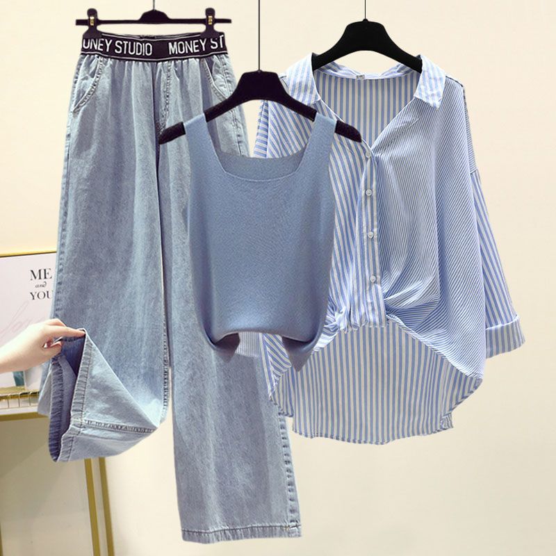 Plus Size Womens Clothing 100kg Fat Sister Spring Suit Womens Striped Shirt Small Suspender Wide Leg Jeans Three-piece Suit Blue shirt + jeans