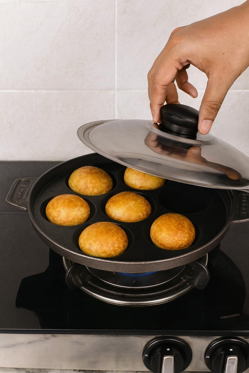 SHRIYA Appam Patra Paniyaram Non-Stick Pan 7 Cavities Non-Stick Appam Patra Appam Chetty Paniyaram Pan Patra with Stainless Steel Lid - Image 3