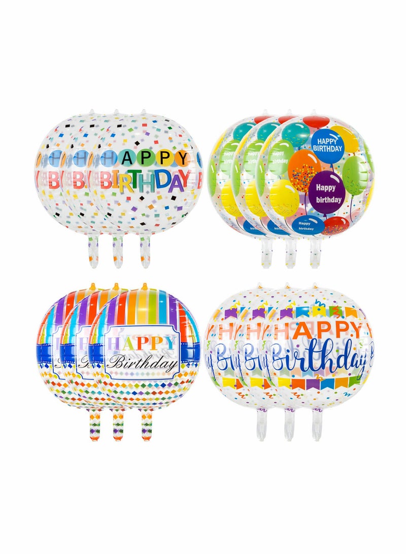 Zikra 12 Pieces Large Happy Birthday Colorful 4D Balloons, 22 Inch Round Shaped Mylar Balloon for Birthday Party Baby Shower Rainbow Multicolor Birthday Parties Decorations Supplies, 4 Patterns - Image 1