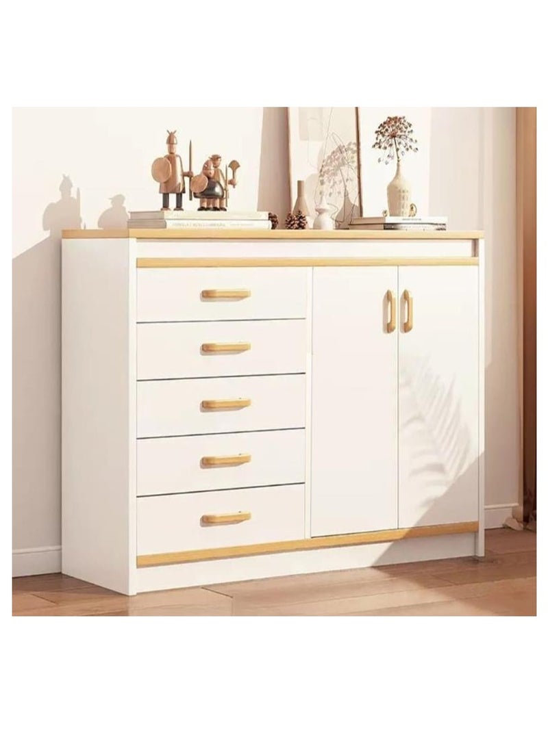 Golden Chest of Drawers, Wooden Storage Cabinet with 5 Dawers and 2 Doors for Household Items and kitchenware, Modern Drawer Storage Cabinet for Living Room Dining Room and Bedroom, DG100 (White)  - Image 1