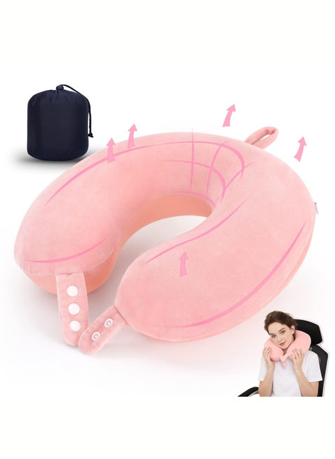 Travel Neck Pillow, Best Memory Foam Airplane Pillow for Head Support Soft Adjustable Pillow for Plane, Car or Home Recliner Use (Pink)