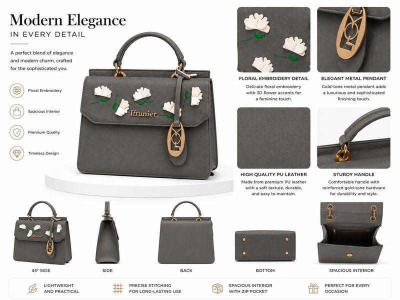 Women's Elegant Floral Embroidered Handbag with Adjustable Shoulder Strap - Image 2