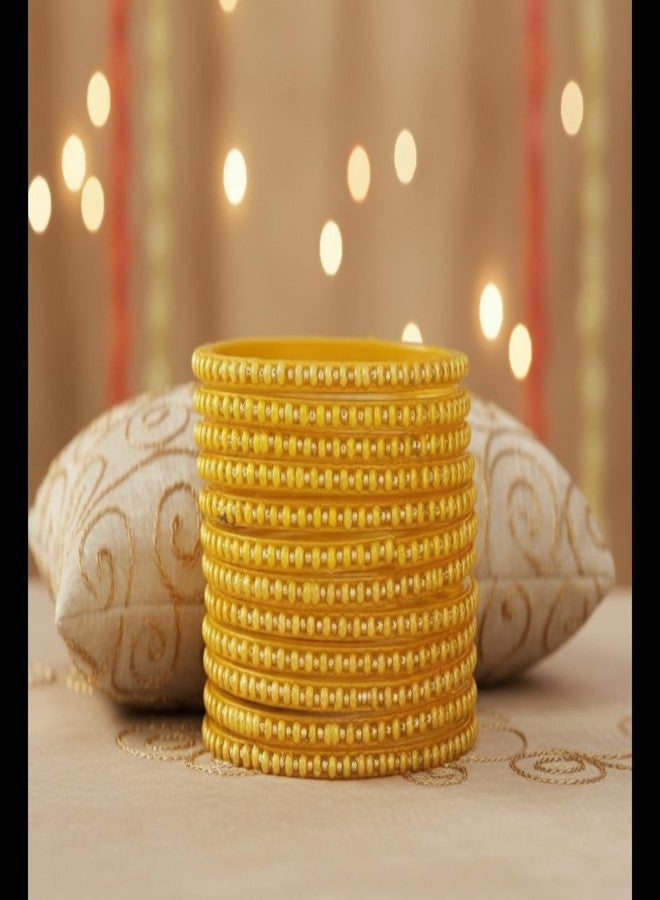JD'Z COLLECTION مجموعة JD'Z COLLECTION من الأساور الزجاجية التقليدية الهندية المستوحاة من بوليوود، سوار تشوري متعدد الألوان للنساء | سوار لؤلؤ مصنوع يدويًا | مجوهرات عرقية | مجموعة الزفاف (أصفر، 2.6) - Image 3