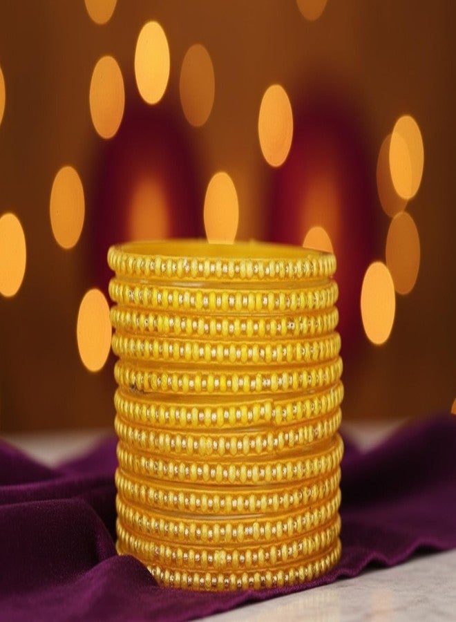 JD'Z COLLECTION مجموعة JD'Z COLLECTION من الأساور الزجاجية التقليدية الهندية المستوحاة من بوليوود، سوار تشوري متعدد الألوان للنساء | سوار لؤلؤ مصنوع يدويًا | مجوهرات عرقية | مجموعة الزفاف (أصفر، 2.6) - Image 5