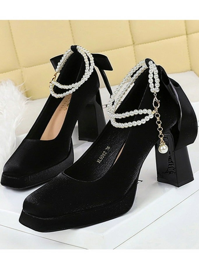 بيج تري المرأة الساتان منصة سميكة عالية الكعب مربع مغلقة إصبع القدم مضخات الأسود 9CM - Image 1