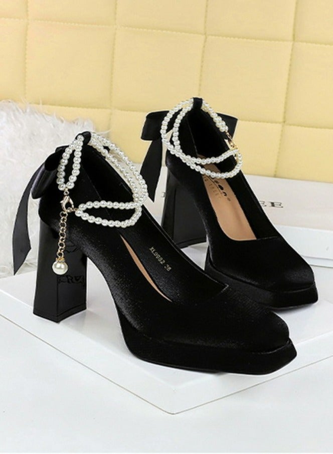 بيج تري المرأة الساتان منصة سميكة عالية الكعب مربع مغلقة إصبع القدم مضخات الأسود 9CM - Image 2