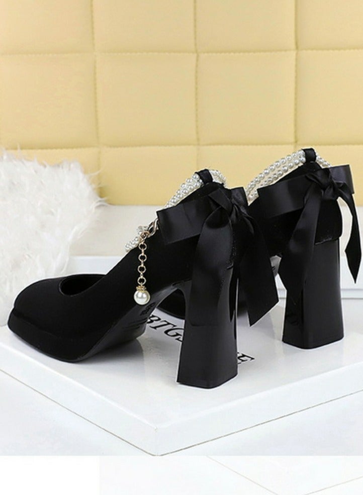 بيج تري المرأة الساتان منصة سميكة عالية الكعب مربع مغلقة إصبع القدم مضخات الأسود 9CM - Image 3