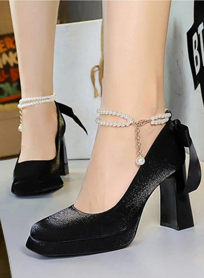 بيج تري المرأة الساتان منصة سميكة عالية الكعب مربع مغلقة إصبع القدم مضخات الأسود 9CM - Image 4