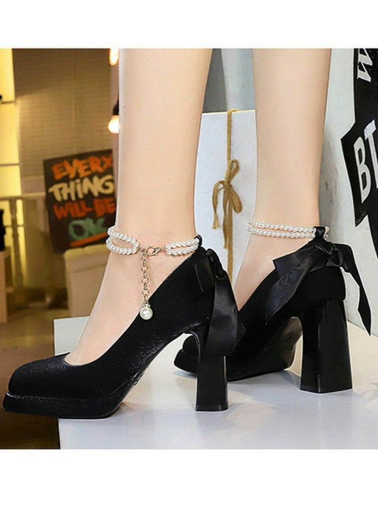 بيج تري المرأة الساتان منصة سميكة عالية الكعب مربع مغلقة إصبع القدم مضخات الأسود 9CM - Image 5