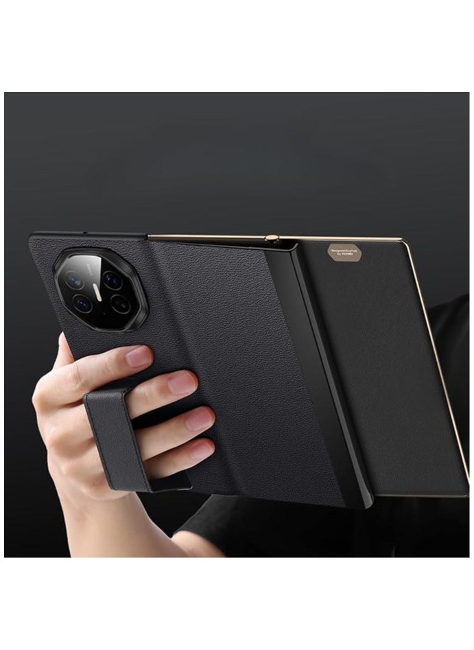 جنرال - حافظة جلدية متوافقة مع Huawei Mate XT، مزودة بحامل مدمج لليد، مقاومة للصدمات والسقوط، مع نافذة ذكية للتنبيه والتوقف التلقائي. - Image 1