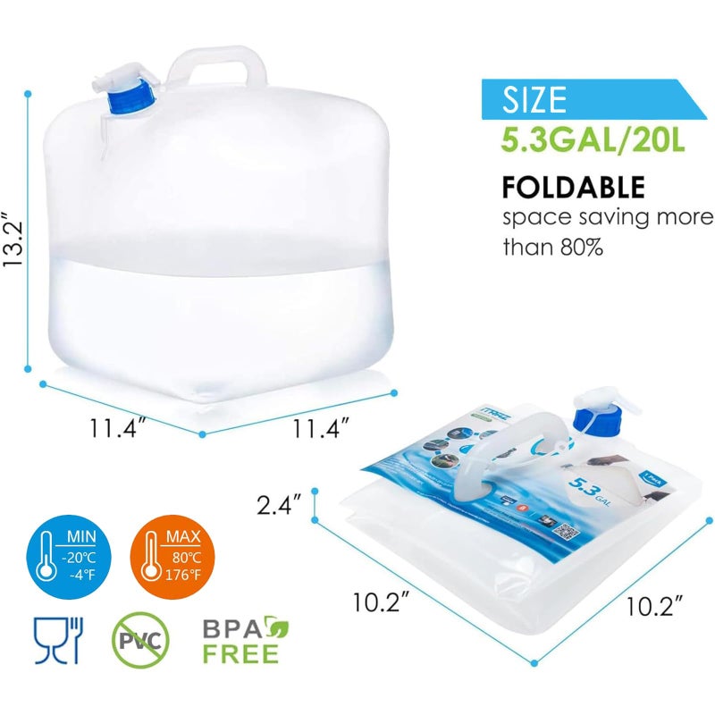 ITRAZ Collapsible Water Container Jug, 4Ã—5.3 Gallon BPA Free Camping Water Storage Canteen with Spigot, for Hiking Backpack RV Outdoors & Emergency, Portable Survival Kit - Food Grade Transparent PE - Image 2