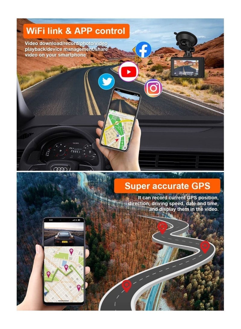 Generic 4K Dash Cam 2160P Built-in GPS/WiFi Dual Dash Cam for Car, 24H Parking Auto Drive Vehicle Video Recorder Car Registrar Dual Lens  - Image 3