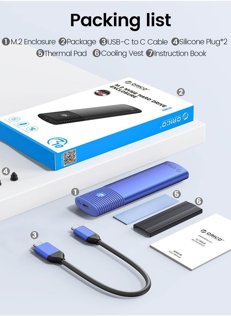 ORICO Aluminum M.2 NVMe SSD Enclosure, Tool-Free 10Gbps USB C Adapter, USB 3.2 M.2 NVMe Reader, External SSD Case Thunderbolt 3 Compatible, Supports 4TB 2230/2242 /2260/2280 PCIe M-Key SSDs-PWM2-BL
