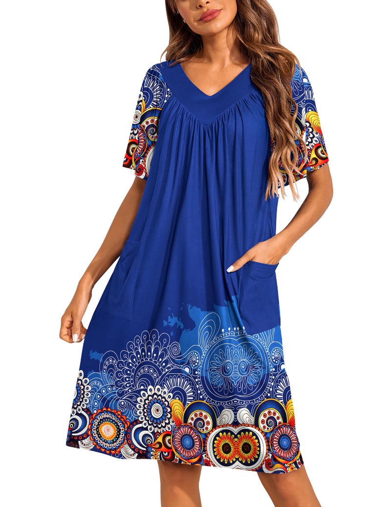 Ekouaer Moo Moos for Wommen Floral Print House Dress with Pockets Nightgown Mumu Dresses Navy M - Image 1