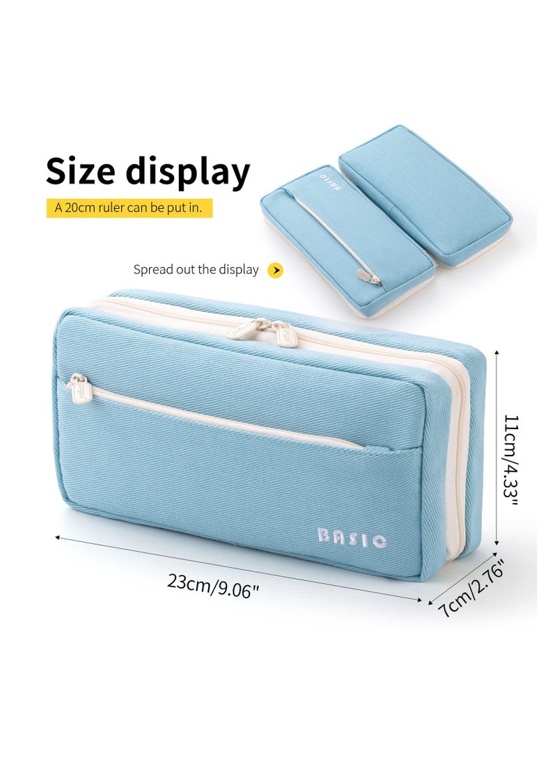 KASTWAVE Large Capacity Pencil Case, Big Capacity Pencil Pouch, Pen Marker Holder Double Zipper Storage Bag, Big Pencil Organizer for College School Office Teen Girl Boy Women Men Adult (Blue) - Image 2