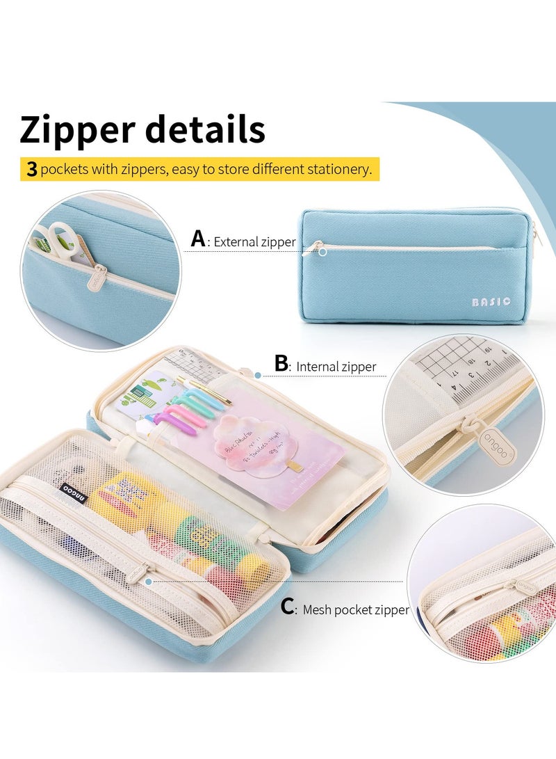 KASTWAVE Large Capacity Pencil Case, Big Capacity Pencil Pouch, Pen Marker Holder Double Zipper Storage Bag, Big Pencil Organizer for College School Office Teen Girl Boy Women Men Adult (Blue) - Image 4