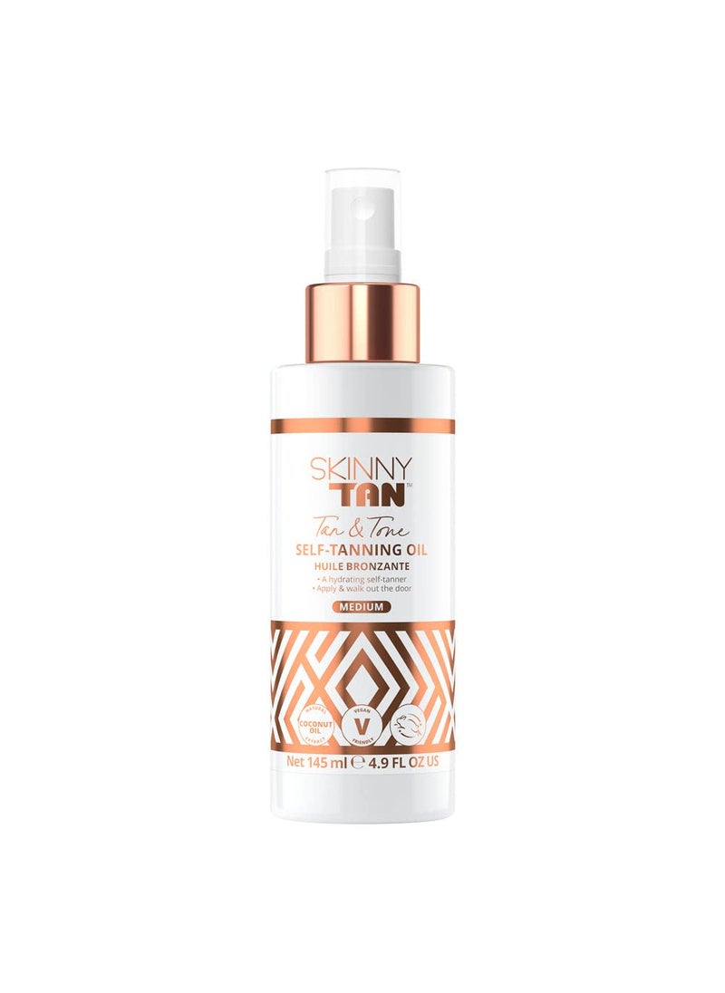 Skinny Tan - Skinny Tan Tan and Tone Self Tanning Oil Spray - No Need to Rinse - Hydrating and Toning Self Tanner for Healthier Looking Skin - Blurs Appearance of Stretch Marks - Medium Self Tan - 4.9 oz - Image 1