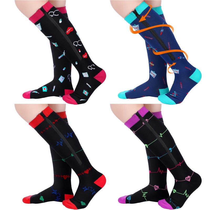 Toulite 4 Pairs Nurse Zipper Compression Socks 20-30 mmHg Closed Toe Zipper Stockings Funny Compression Socks for Women Doctor Pregnant Nurse Day Gift, L/XL - Image 1