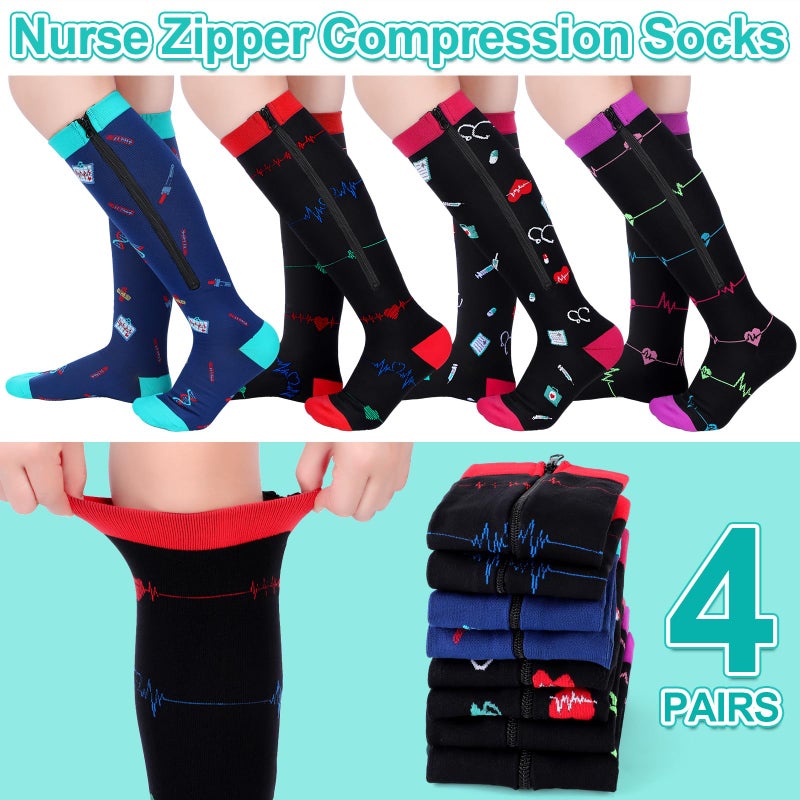 Toulite 4 Pairs Nurse Zipper Compression Socks 20-30 mmHg Closed Toe Zipper Stockings Funny Compression Socks for Women Doctor Pregnant Nurse Day Gift, L/XL - Image 4