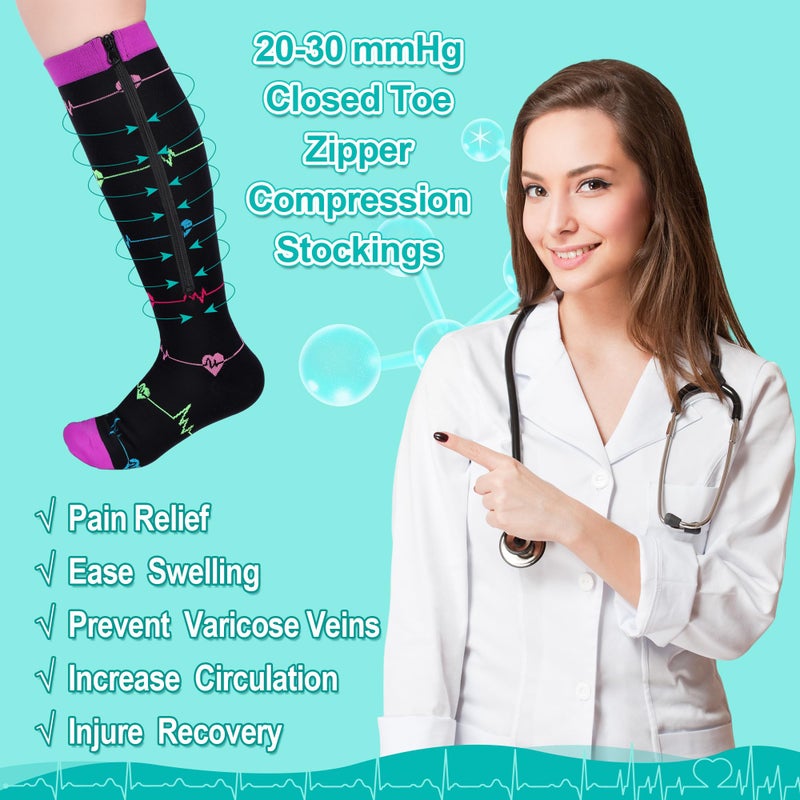Toulite 4 Pairs Nurse Zipper Compression Socks 20-30 mmHg Closed Toe Zipper Stockings Funny Compression Socks for Women Doctor Pregnant Nurse Day Gift, L/XL - Image 3