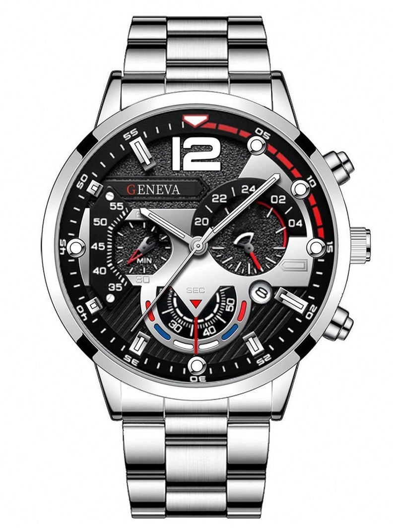 جنيفا ساعة يد رجالية أنيقة من الستانلس ستيل باللون الفضي – تصميم عصري مقاوم للخدوش مع سوار معدني متين - Image 5