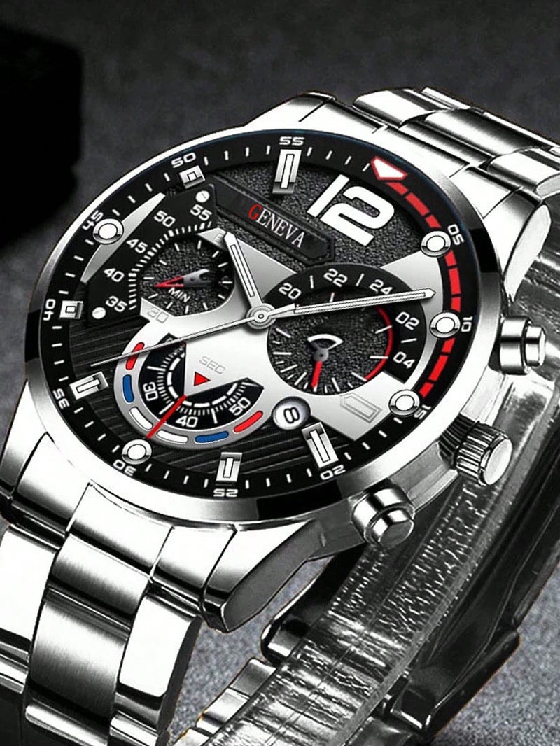 جنيفا ساعة يد رجالية أنيقة من الستانلس ستيل باللون الفضي – تصميم عصري مقاوم للخدوش مع سوار معدني متين - Image 4