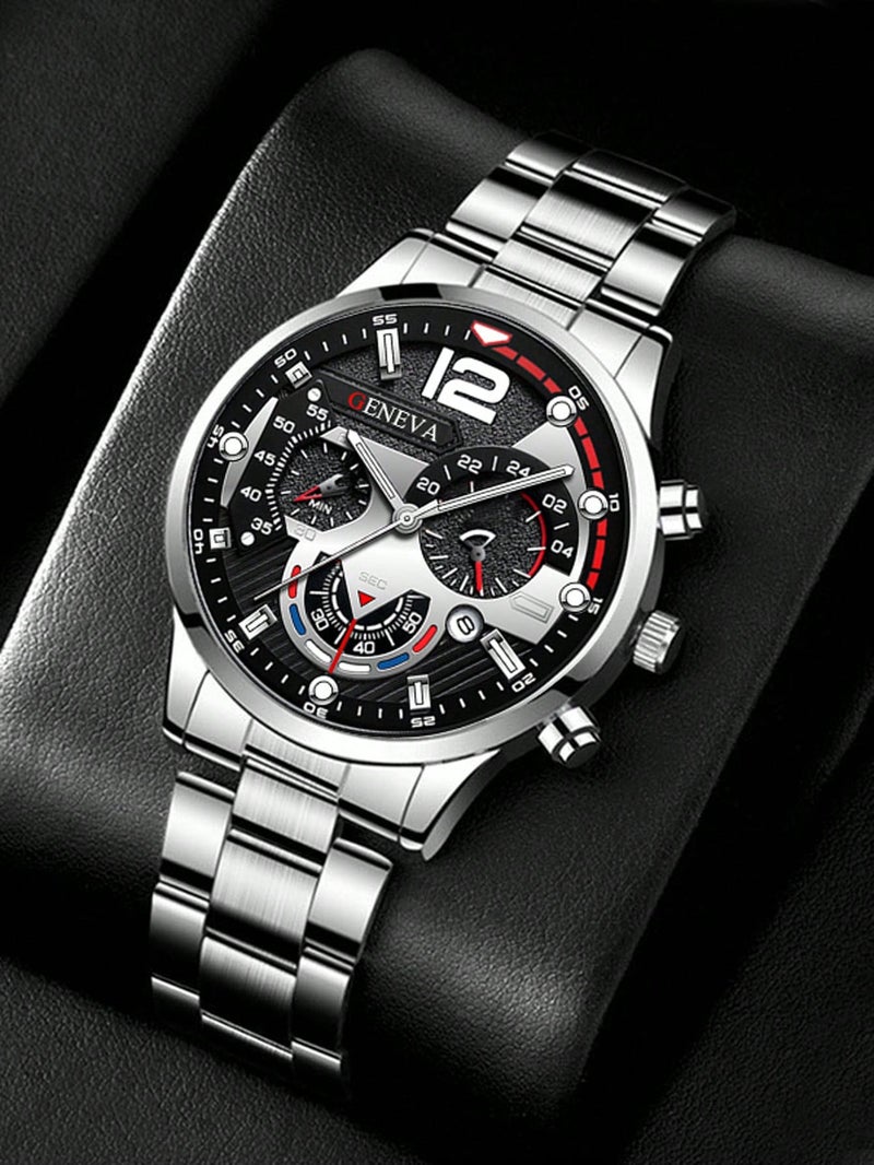 جنيفا ساعة يد رجالية أنيقة من الستانلس ستيل باللون الفضي – تصميم عصري مقاوم للخدوش مع سوار معدني متين - Image 3