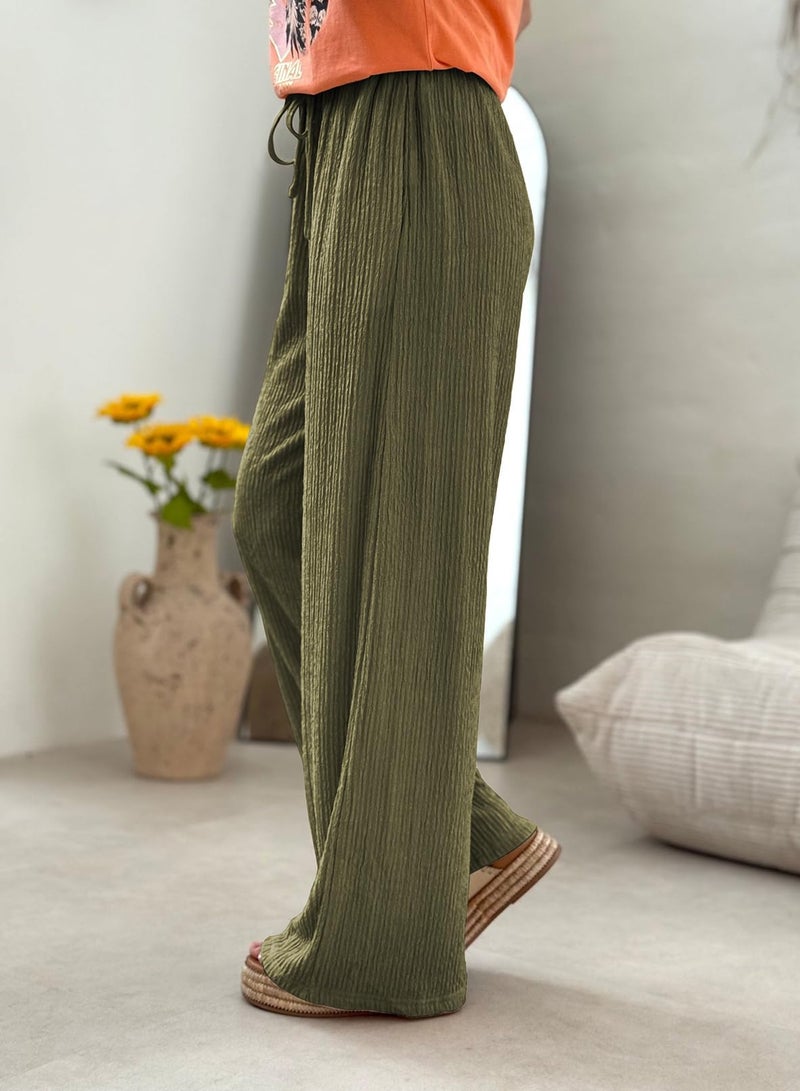 Samefar Flowy Pants for Women Soft Palazzo Linen Pants Wide Leg High Waist Casual Lounge Pant 2025 Beach Travel Vacation Outfits Green X-Large - Image 3