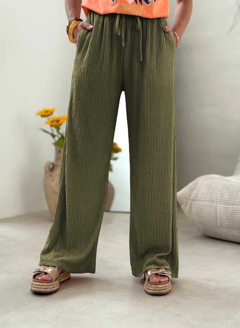 Samefar Flowy Pants for Women Soft Palazzo Linen Pants Wide Leg High Waist Casual Lounge Pant 2025 Beach Travel Vacation Outfits Green X-Large - Image 5