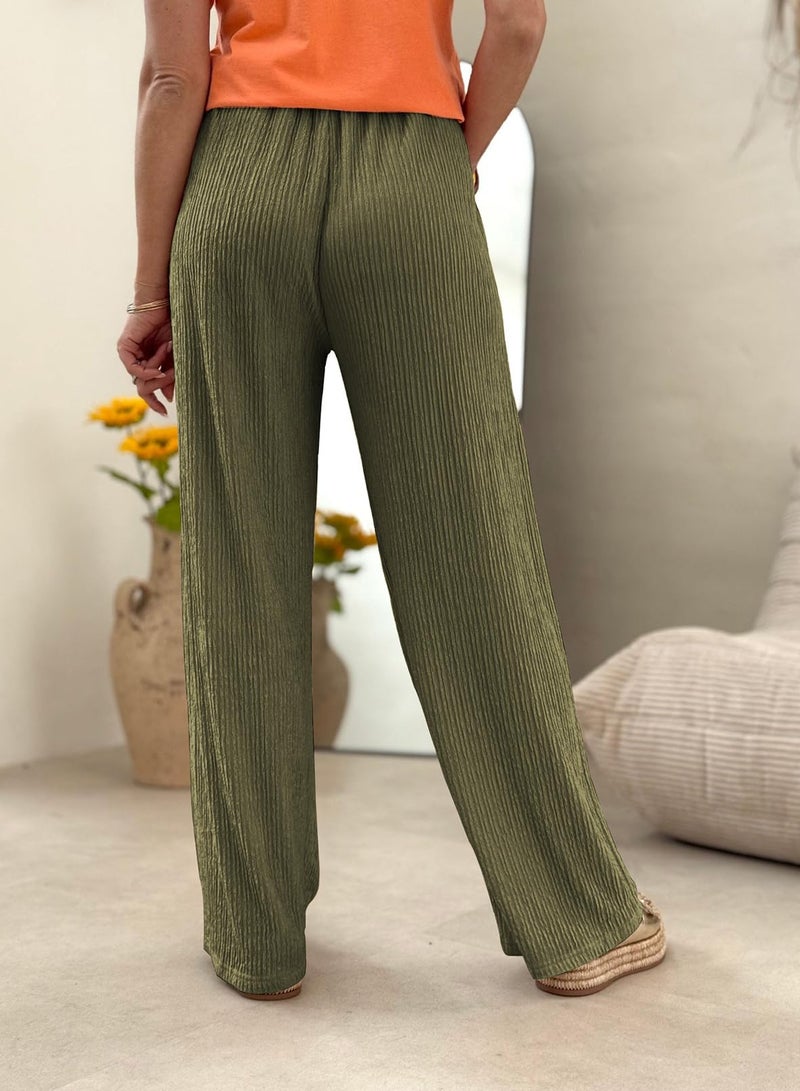 Samefar Flowy Pants for Women Soft Palazzo Linen Pants Wide Leg High Waist Casual Lounge Pant 2025 Beach Travel Vacation Outfits Green X-Large - Image 4