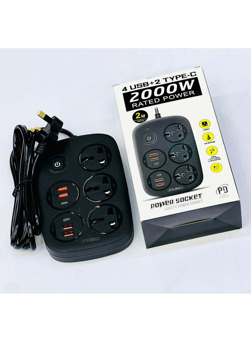 British Standard Power Strip – 4 USB + 2 Type-C Ports, 2500W, Color-Changing LED Ring, Total Power Control, Black  - Image 2