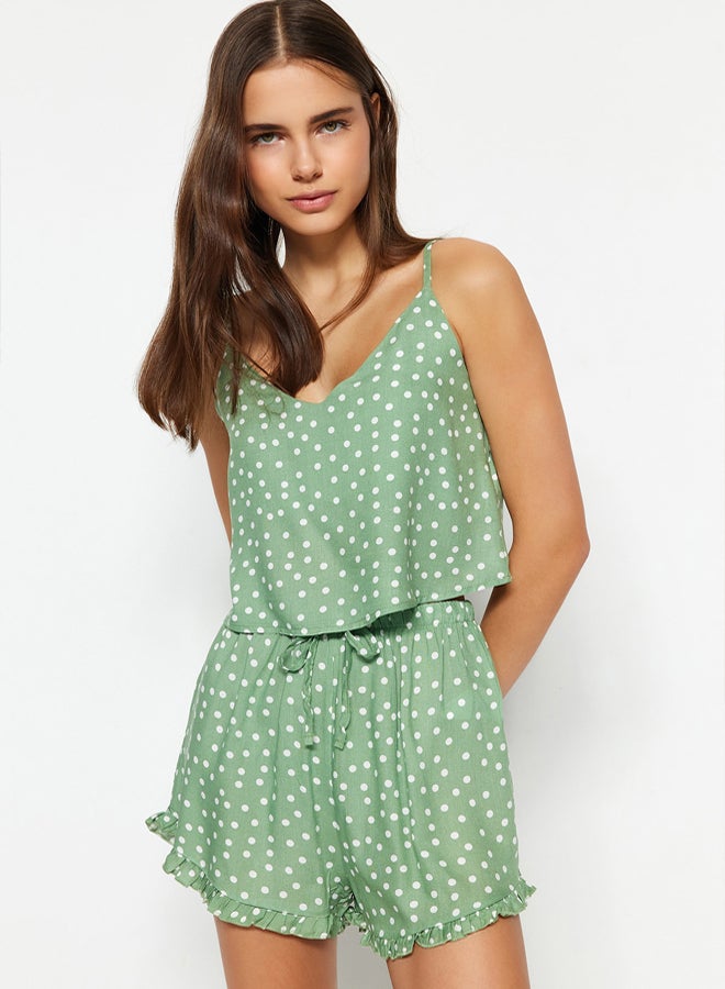trendyol Mint Polka Dot Ruffle Detail Woven Pajama Set with Rope Strap Viscose Shorts  - Image 2