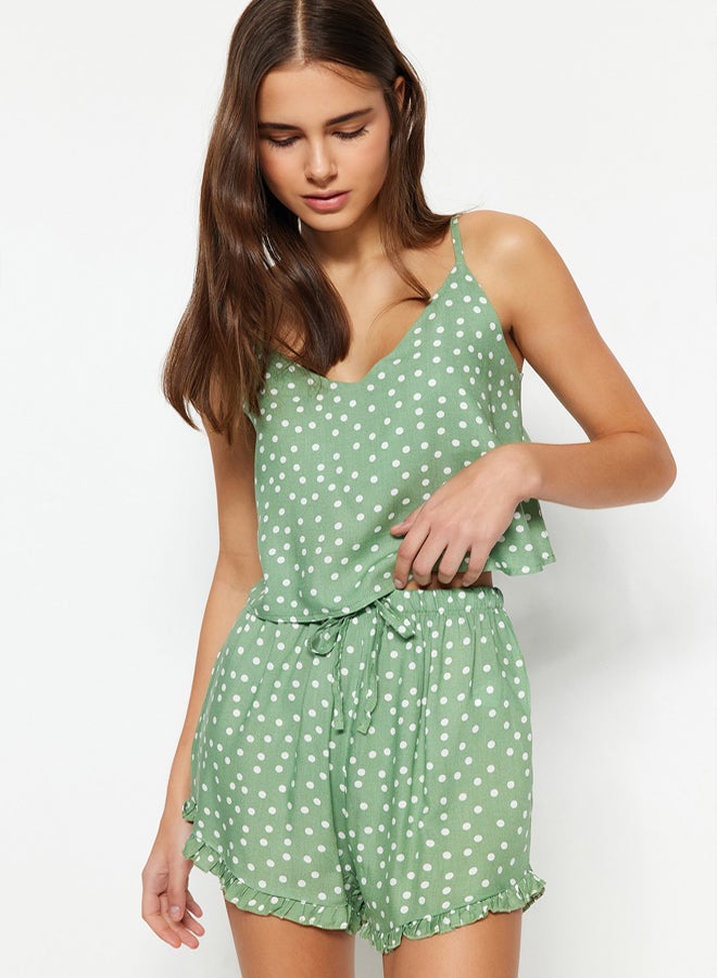 trendyol Mint Polka Dot Ruffle Detail Woven Pajama Set with Rope Strap Viscose Shorts  - Image 1