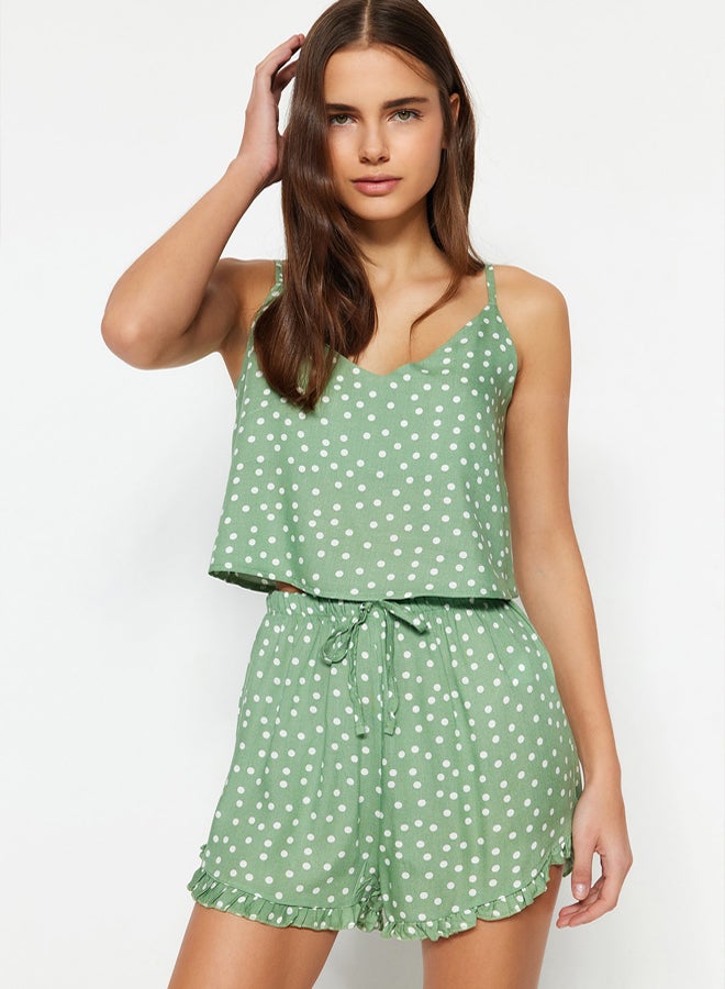trendyol Mint Polka Dot Ruffle Detail Woven Pajama Set with Rope Strap Viscose Shorts  - Image 3