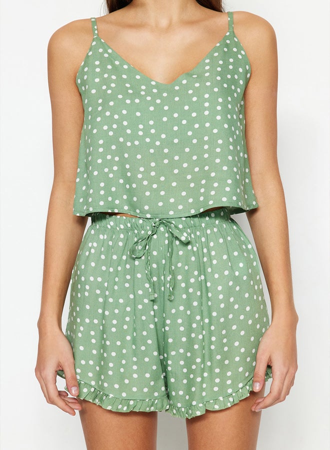 trendyol Mint Polka Dot Ruffle Detail Woven Pajama Set with Rope Strap Viscose Shorts  - Image 5