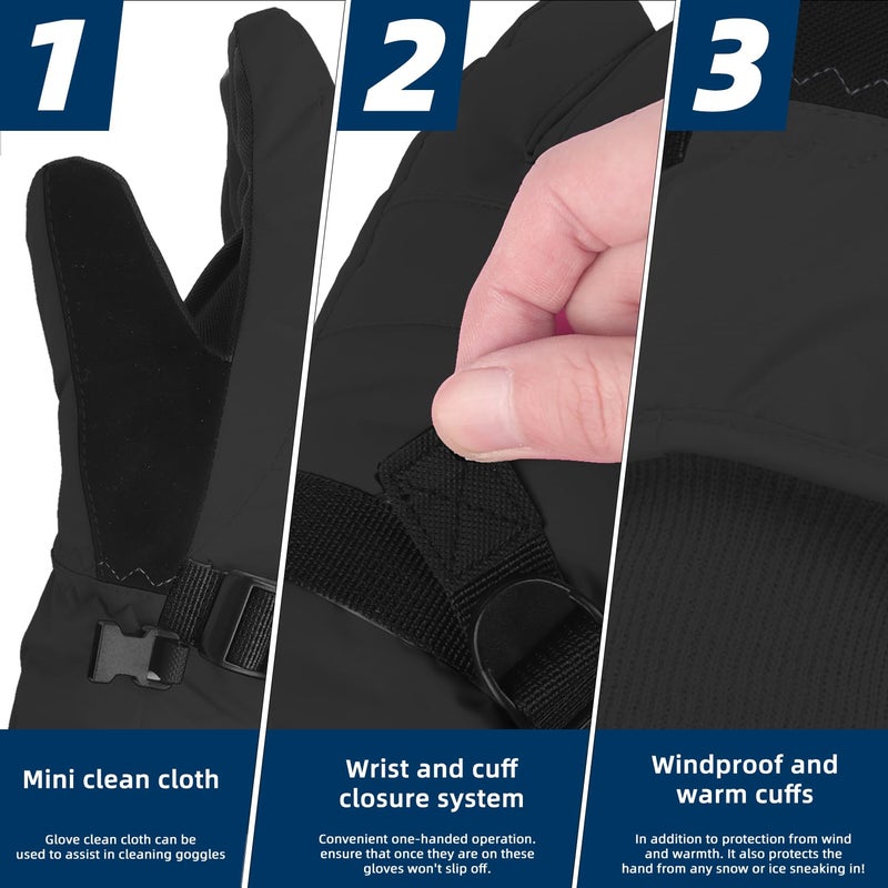 AMYIPO Kids Winter Snow Ski Gloves Children Snowboard Gloves for Boys Girls (Long Cuff - Black, 8-10 Years) - Image 3