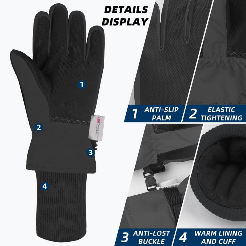 AMYIPO Kids Winter Snow Ski Gloves Children Snowboard Gloves for Boys Girls (Long Cuff - Black, 8-10 Years) - Image 2