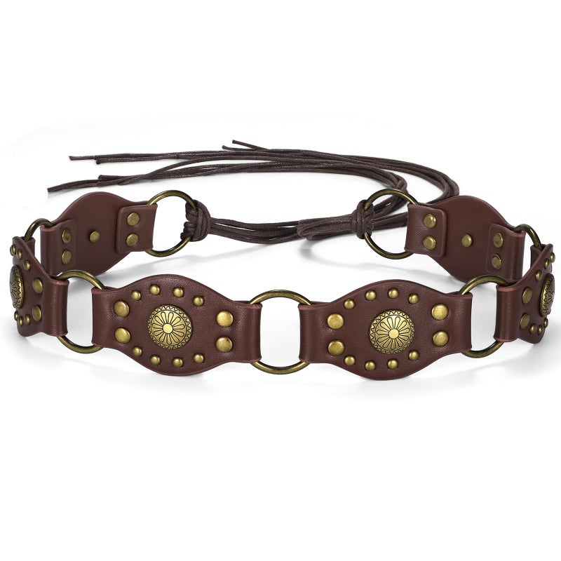 SANSTHS Womens Western Boho Belt, Vintage Waist Belt with Metal Rings Rivets, Adjustable Tie Belt for Dresses Jeans - Image 1