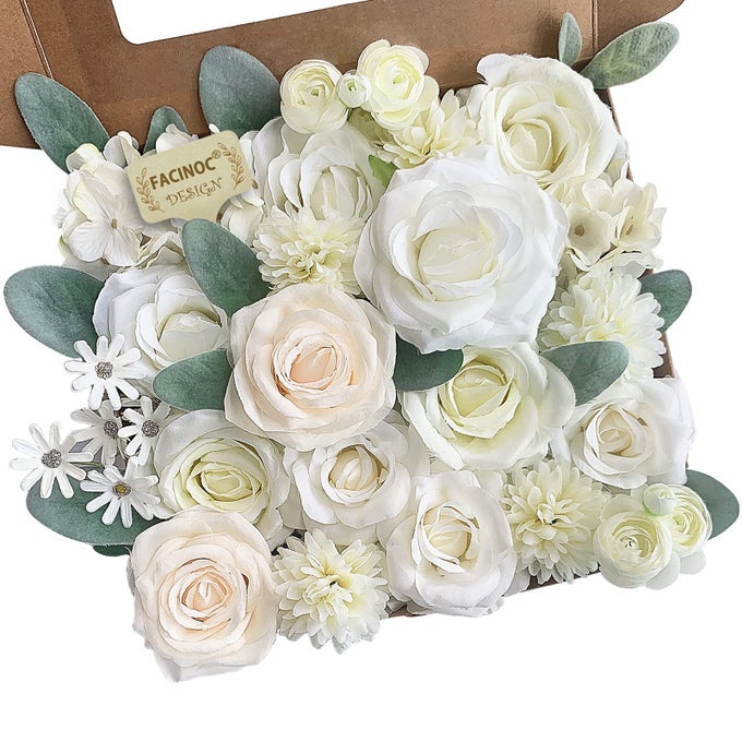 Roses Artificial Flowers White Fake Flower Bulk for DIY Wedding Bouquet Bridal Baby Shower Decorations Party Table Centerpiece Silk Floral Arrangements Home Decor Indoor Cream Ivory Box