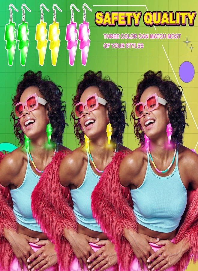 Kenning 3 Pairs 80s 90s Light up Earrings Disco LED Neon Earrings for Women Retro Outfit Dance Party Halloween Accessories(Lightning) - Image 2