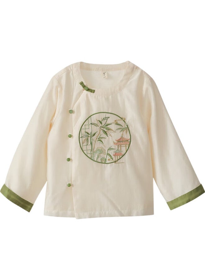 Bamboo Landscape Hanfu For Boys, Spring And Autumn Style, Chinese-Style Tang Suit, Little Boy, Off-White Top, Size 110