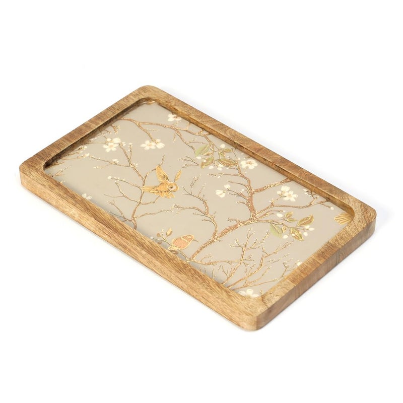 DULI طبق تقديم مربع مطلي بالمينا (10x6 بوصات) من مانغوود | طبق وجبات خفيفة للمنزل وطاولة الطعام | صينية تقديم مستطيلة (PlatterRct- SilverGoldBirdFullEnamel) - Image 4