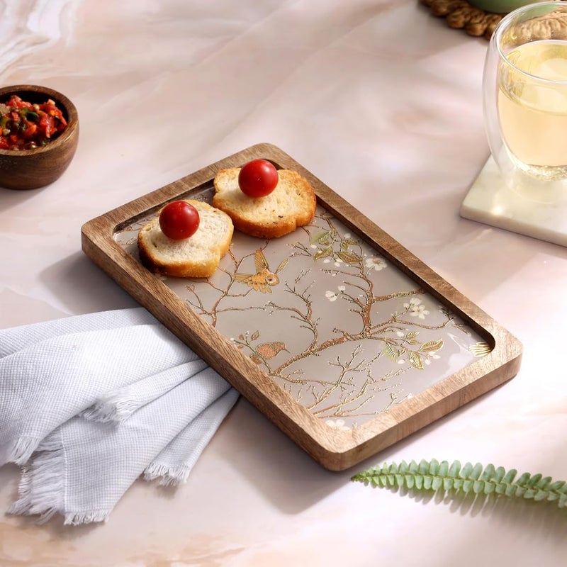 DULI طبق تقديم مربع مطلي بالمينا (10x6 بوصات) من مانغوود | طبق وجبات خفيفة للمنزل وطاولة الطعام | صينية تقديم مستطيلة (PlatterRct- SilverGoldBirdFullEnamel) - Image 1