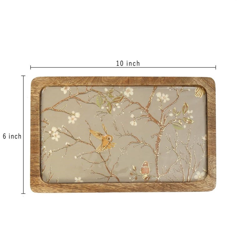 DULI طبق تقديم مربع مطلي بالمينا (10x6 بوصات) من مانغوود | طبق وجبات خفيفة للمنزل وطاولة الطعام | صينية تقديم مستطيلة (PlatterRct- SilverGoldBirdFullEnamel) - Image 3