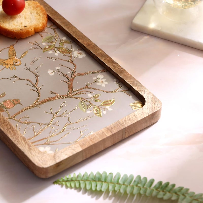 DULI طبق تقديم مربع مطلي بالمينا (10x6 بوصات) من مانغوود | طبق وجبات خفيفة للمنزل وطاولة الطعام | صينية تقديم مستطيلة (PlatterRct- SilverGoldBirdFullEnamel) - Image 2