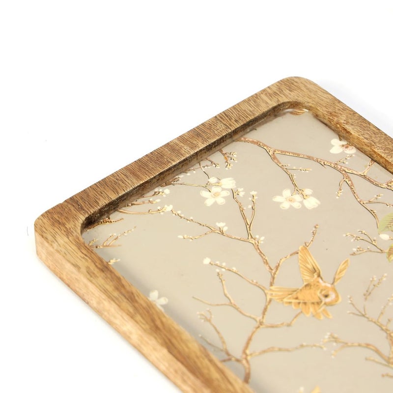 DULI طبق تقديم مربع مطلي بالمينا (10x6 بوصات) من مانغوود | طبق وجبات خفيفة للمنزل وطاولة الطعام | صينية تقديم مستطيلة (PlatterRct- SilverGoldBirdFullEnamel) - Image 5
