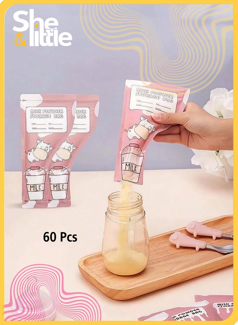 She&Little 60 Pack Baby Formula Storage Bags, Disposable Breastmilk and Formula Dispenser, Leak-Proof, Pre-Sterilized Milk Pouches with Writable Surface and Pen Included, Cute Cow Pattern - Image 1