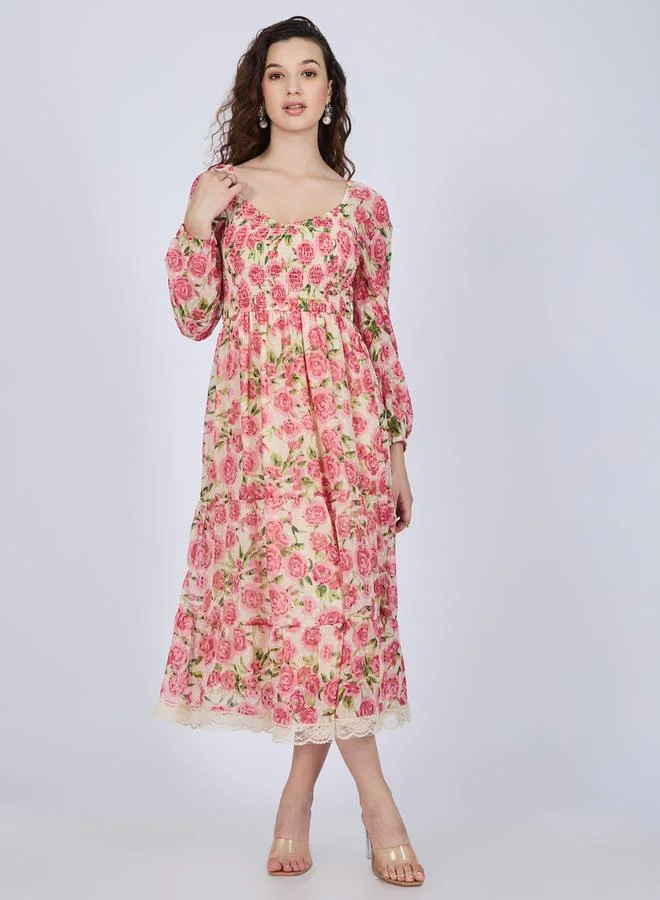 Outzidr  Multi Floral Tiered Midi Dress for Women | Best Price UAE