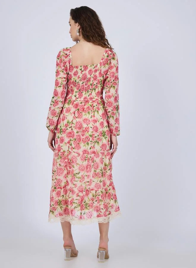 Outzidr  Multi Floral Tiered Midi Dress for Women | Best Price UAE