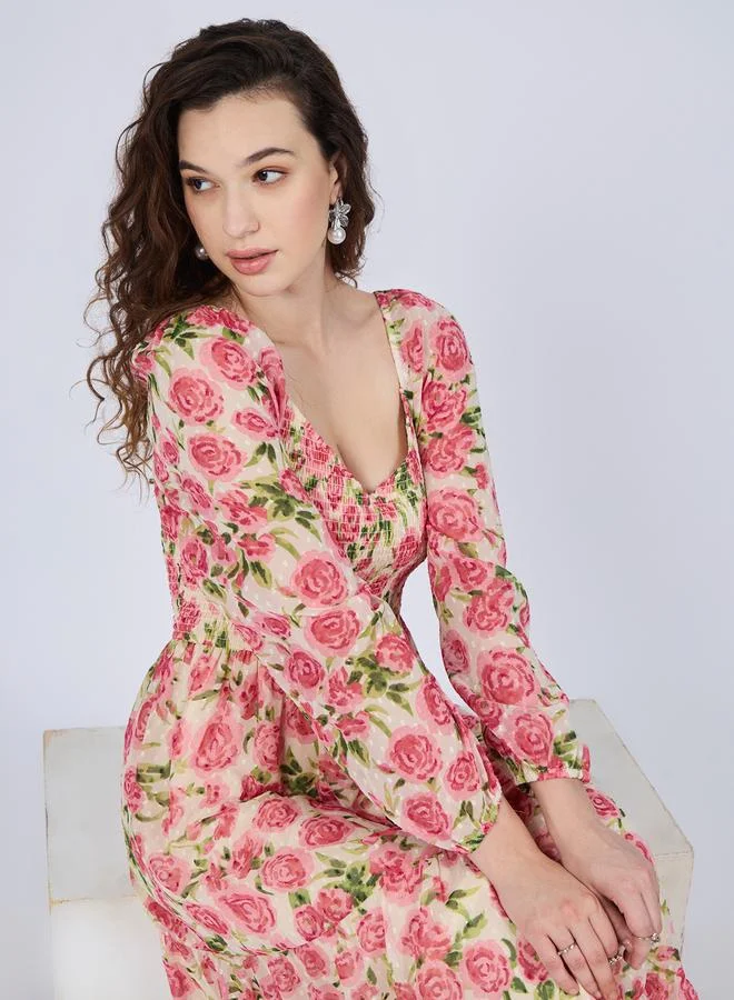 Outzidr  Multi Floral Tiered Midi Dress for Women | Best Price UAE